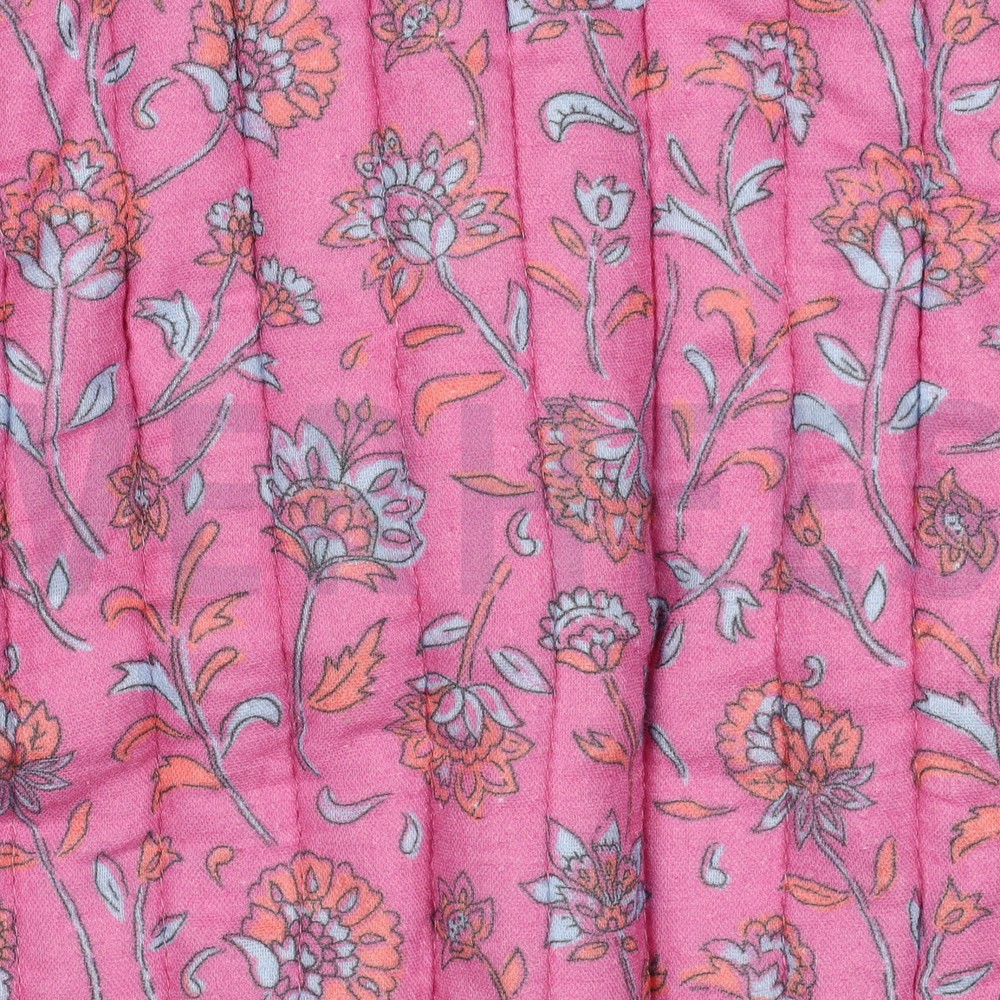 GEWATTEERD DOUBLE GAUZE BLOEMEN TWEEZIJDIG FUCHSIA/LICHTBLAUW #7