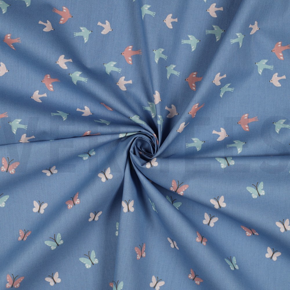 POPELINE DE COTON GOTS OISEAUX ET PAPILLONS BLEU #7