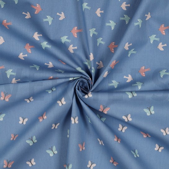 POPLIN GOTS BIRDS AND BUTTERFLIES BLUE #7