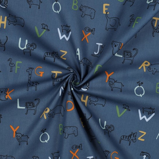 BAUMWOLLE POPELINE GOTS TIERALPHABET BLAU #7