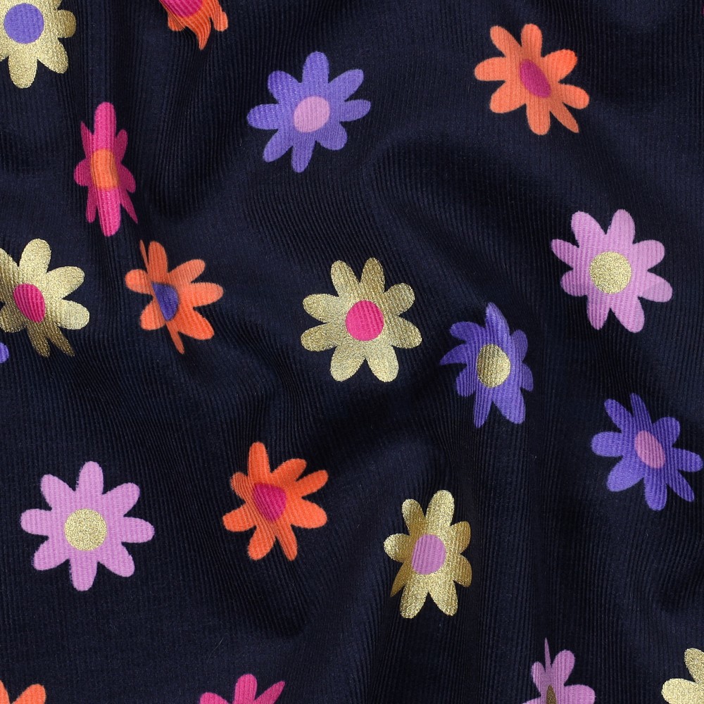BABYCORD FOIL FLOWERS NAVY #7