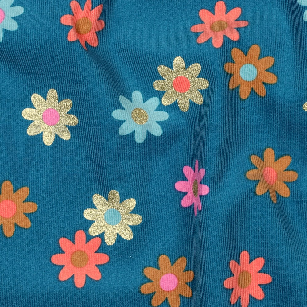 BABYCORD FOIL FLOWERS PETROL #7