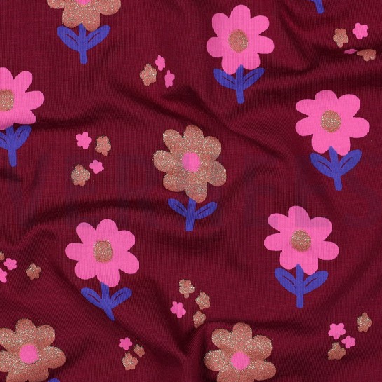 JERSEY GLITTER FLOWERS BURGUNDY #7