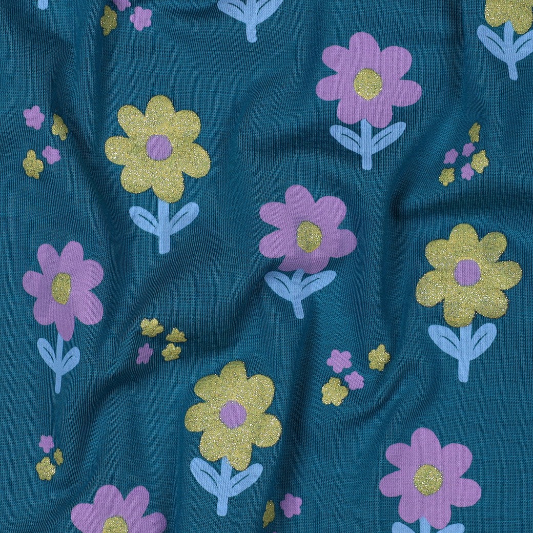 JERSEY GLITTER FLOWERS PETROL #7