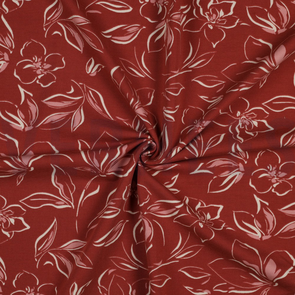 FRENCH TERRY FLOWERS KETCHUP RED #7