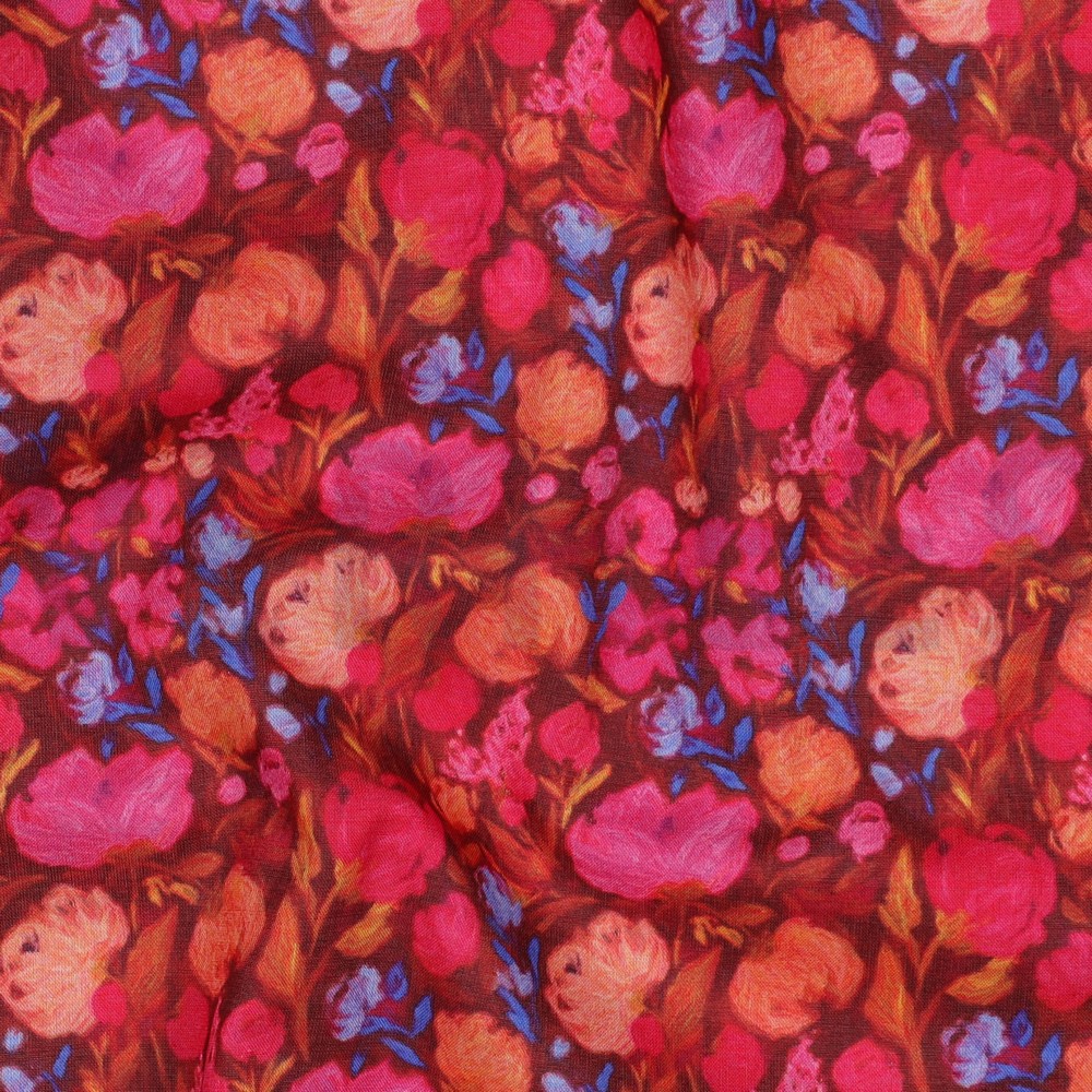 BAUMWOLLE VOILE DIGITAL BLUMEN BORDEAUXROT #7