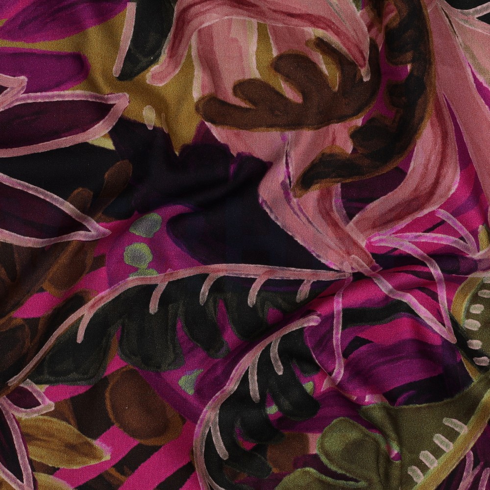 COTTON VISCOSE DIGITAL LEAVES PINK/OCHRE #7