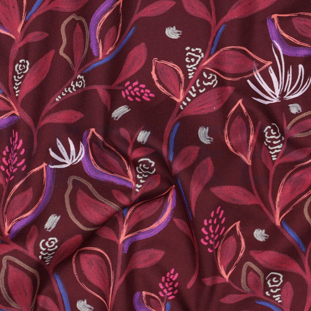 FINE POPLIN DIGITAL LEAVES BURGUNDY #7