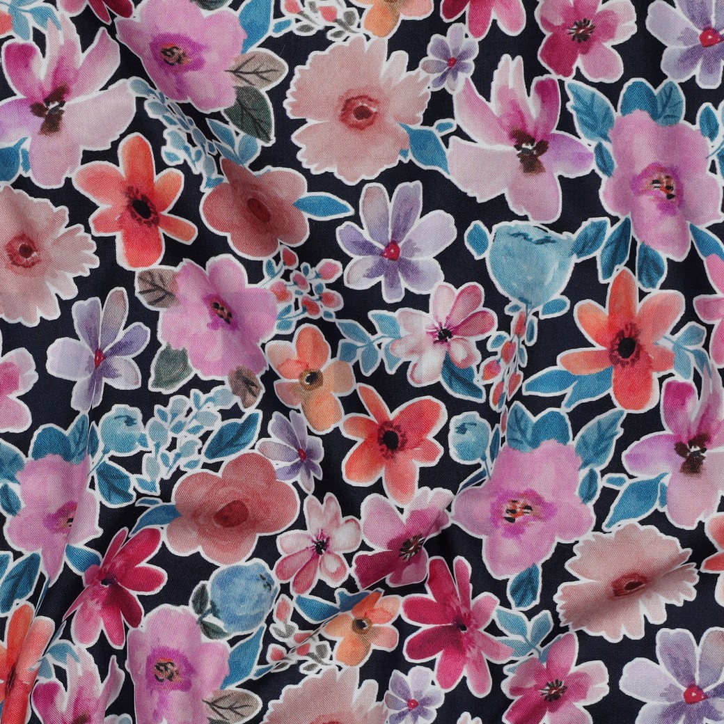 FINE POPLIN DIGITAL FLOWERS NAVY #7