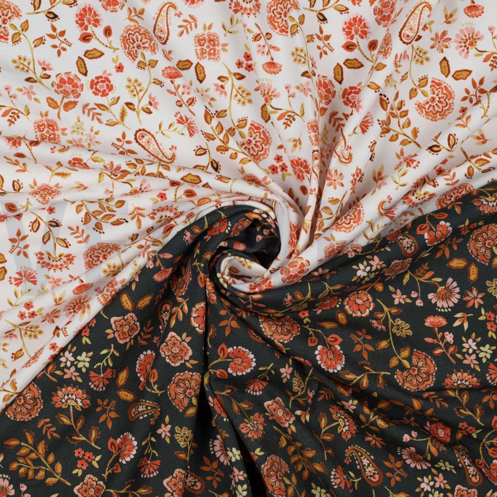 JERSEY DIGITAAL PAISLEY BLOEMEN WIT / PERZIK #7