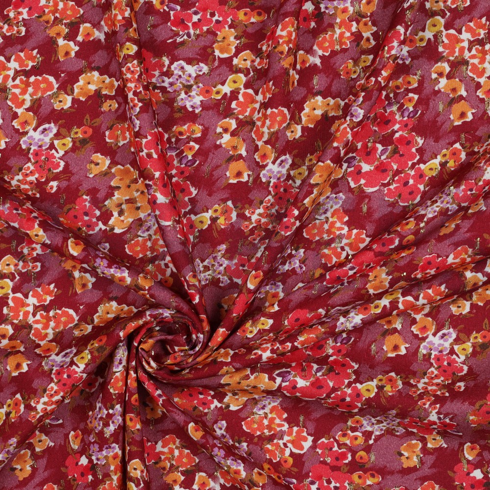 VISCOSE LUREX DIGITAAL KLEINE BLOEMEN KERSENROOD #7