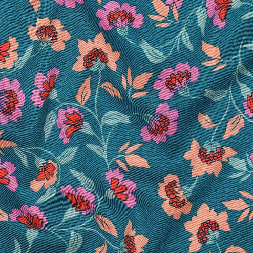 VISCOSE ROSELLA STRETCH FLEURS PÉTROLE #7