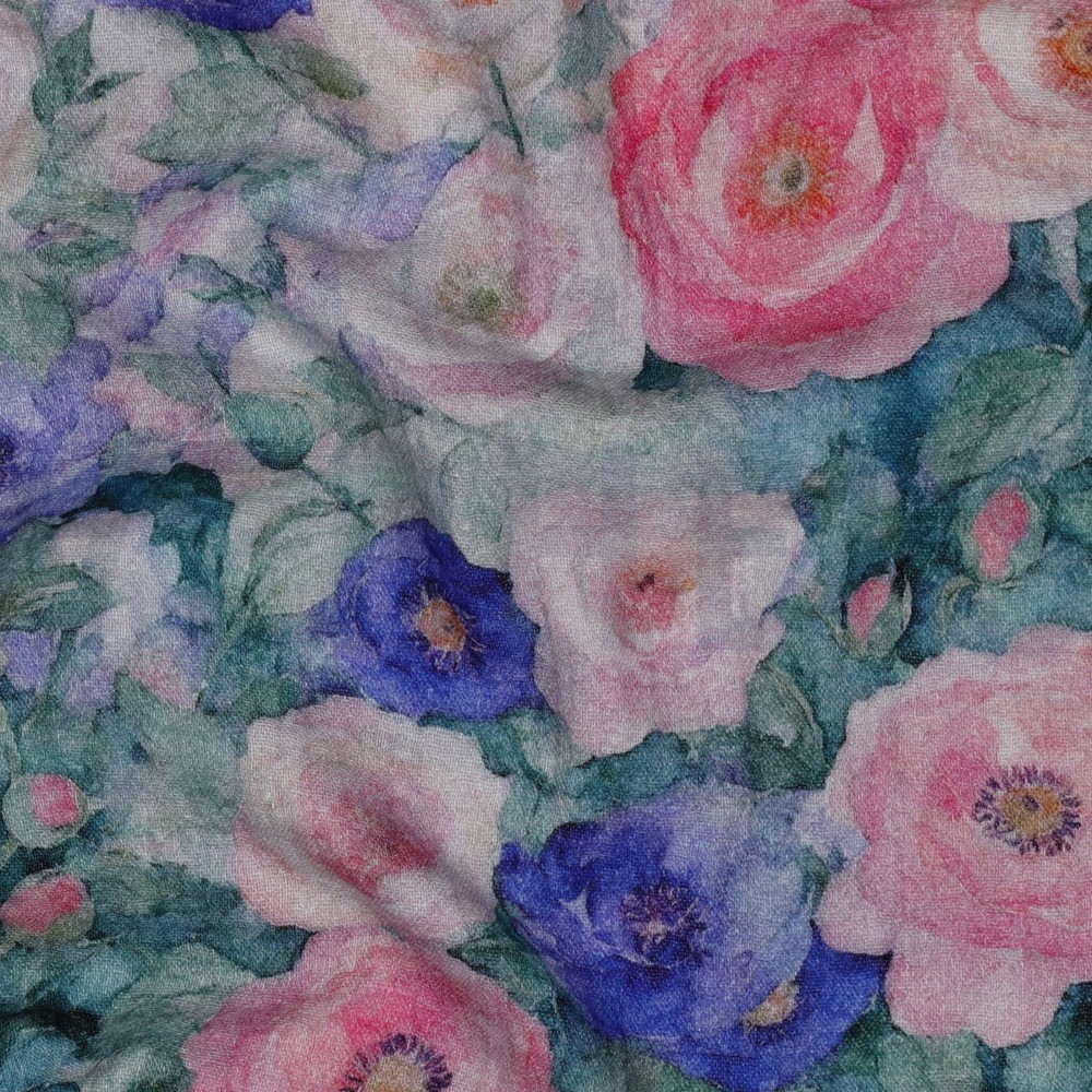DOUBLE GAUZE DIGITAL FLOWERS PETROL #7