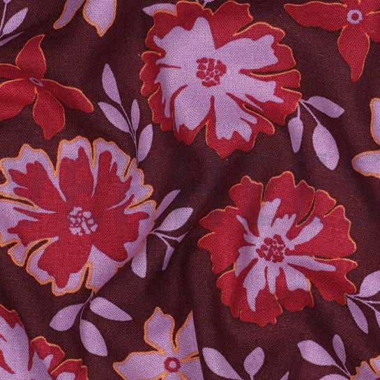 LINNEN VISCOSE BLOEMEN BORDEAUXROOD #7