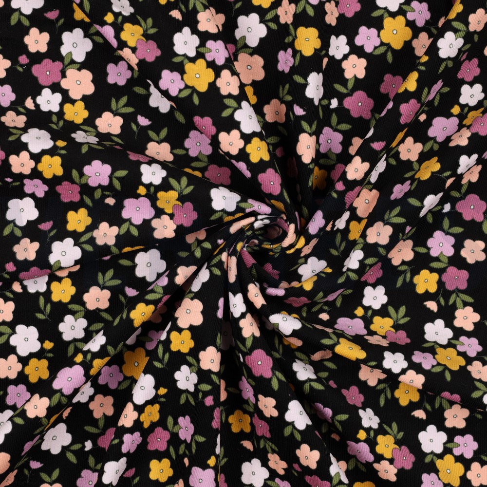 CORDUROY BABYRIB KLEINE BLOEMEN ZWART #7