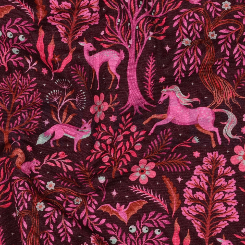 FRENCH TERRY DIGITAL FOREST ANIMALS BURGUNDY #7