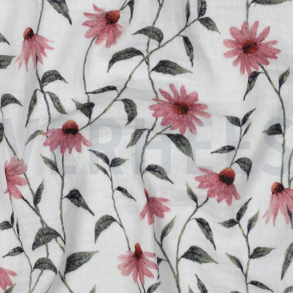 DOUBLE GAUZE GOTS DIGITAL FLOWERS WHITE #7