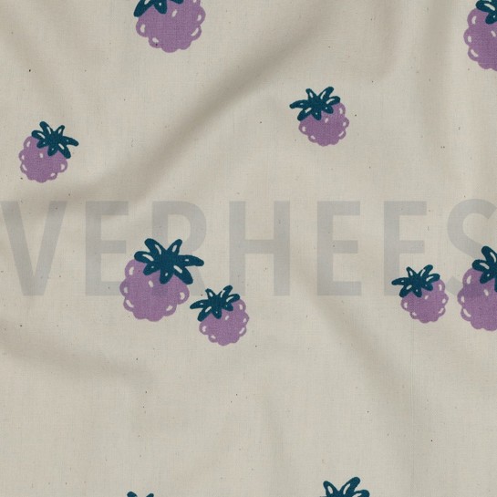 BAUMWOLLE POPELINE GOTS NATURAL BEEREN NATUR/PETROL #7