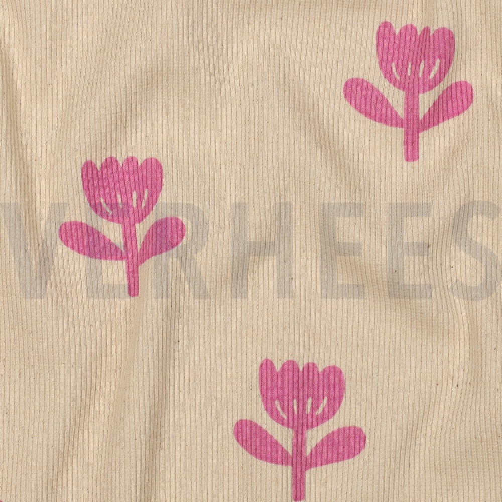 RIB JERSEY GOTS NATURAL FLOWERS NATURAL/FUCHSIA #7