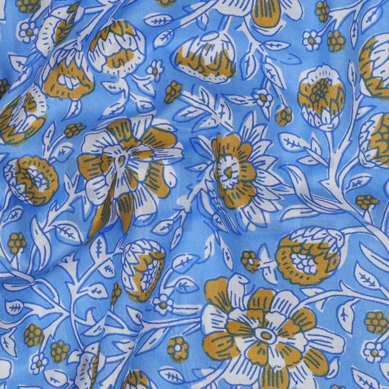 HANDGEMAAKTE BLOKPRINT KATOEN BLOEMEN BLAUW #7