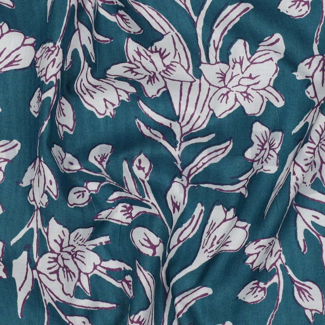 HANDCRAFTED BLOCK-PRINTED COTTON FLOWERS PETROL #7