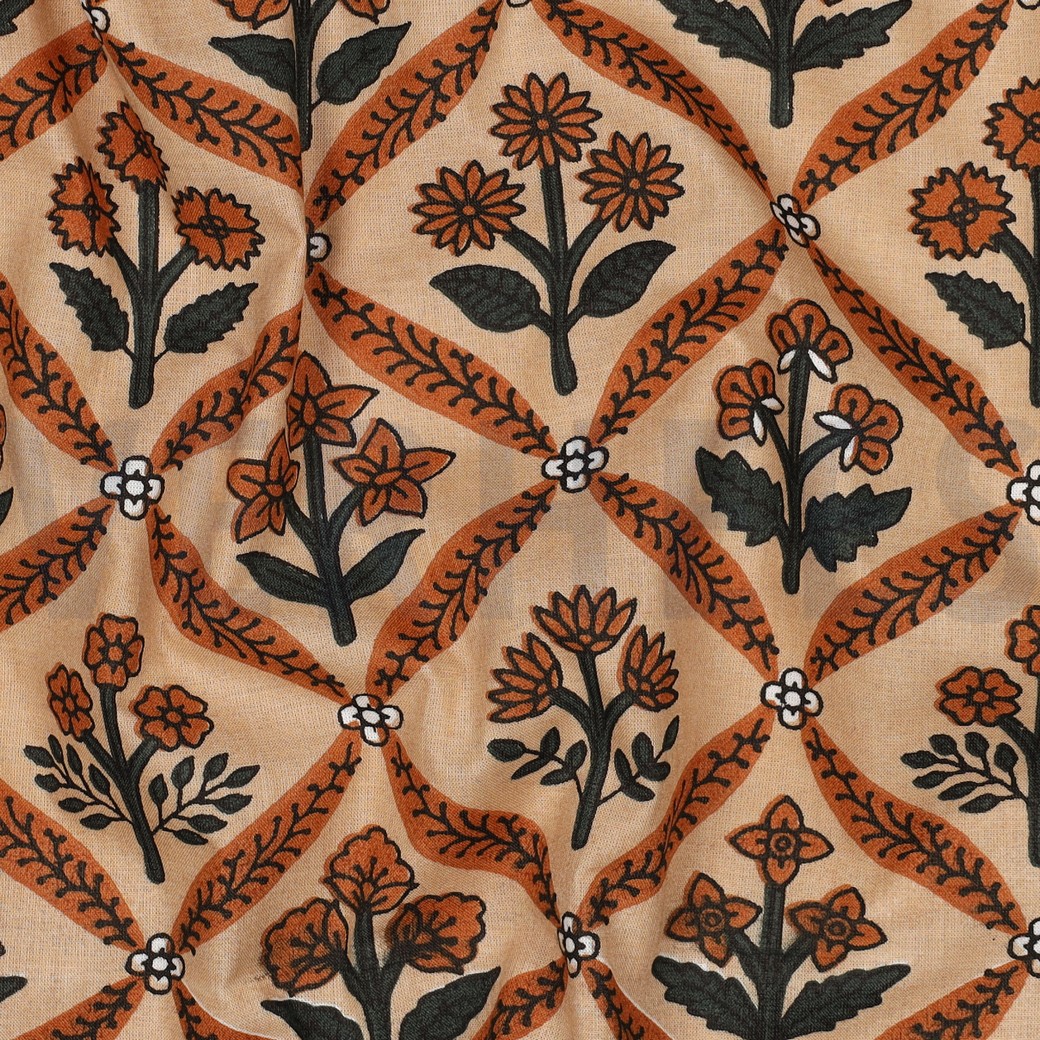 COTON IMPRIMÉ BLOCK FAIT MAIN FLEURS CAMEL #7