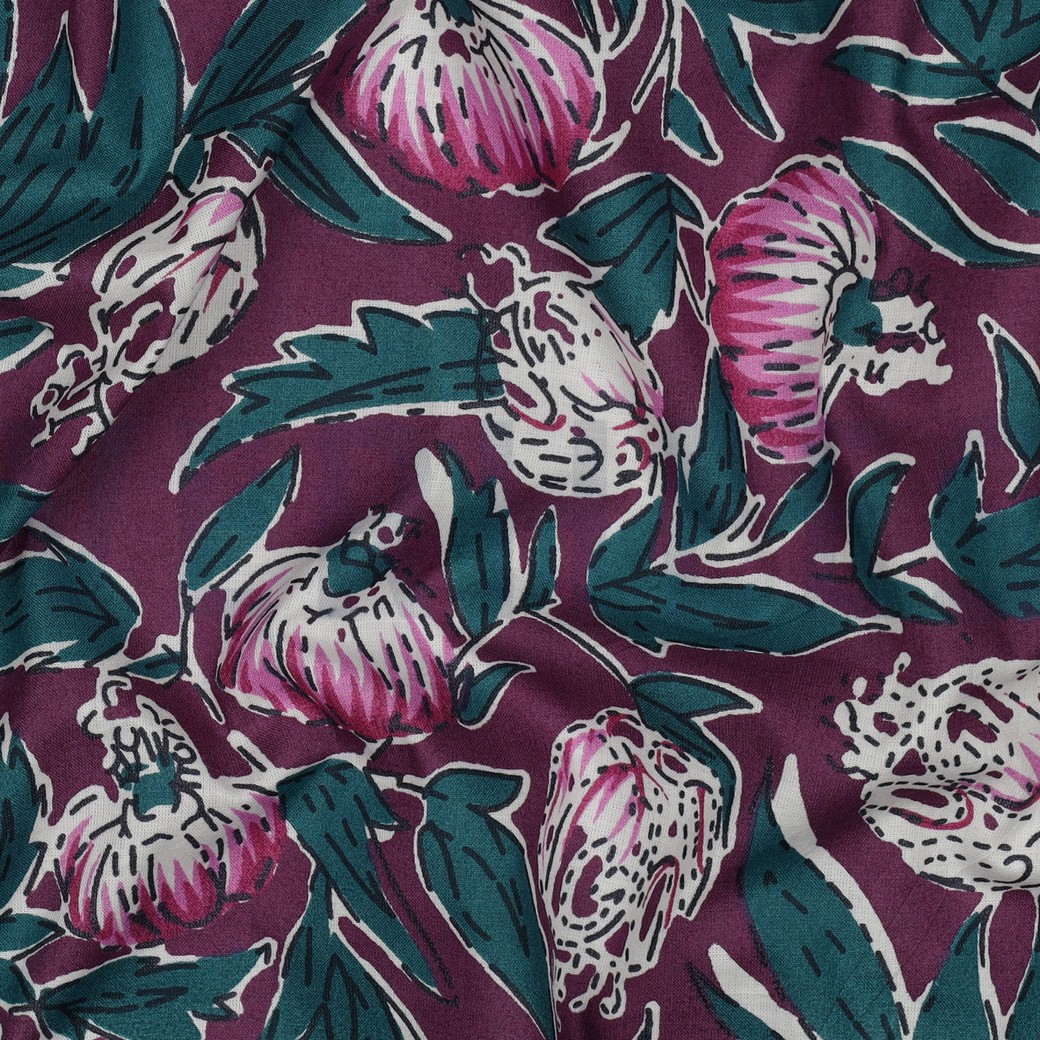 HANDCRAFTED BLOCK-PRINTED COTTON FLOWERS AUBERGINE #7