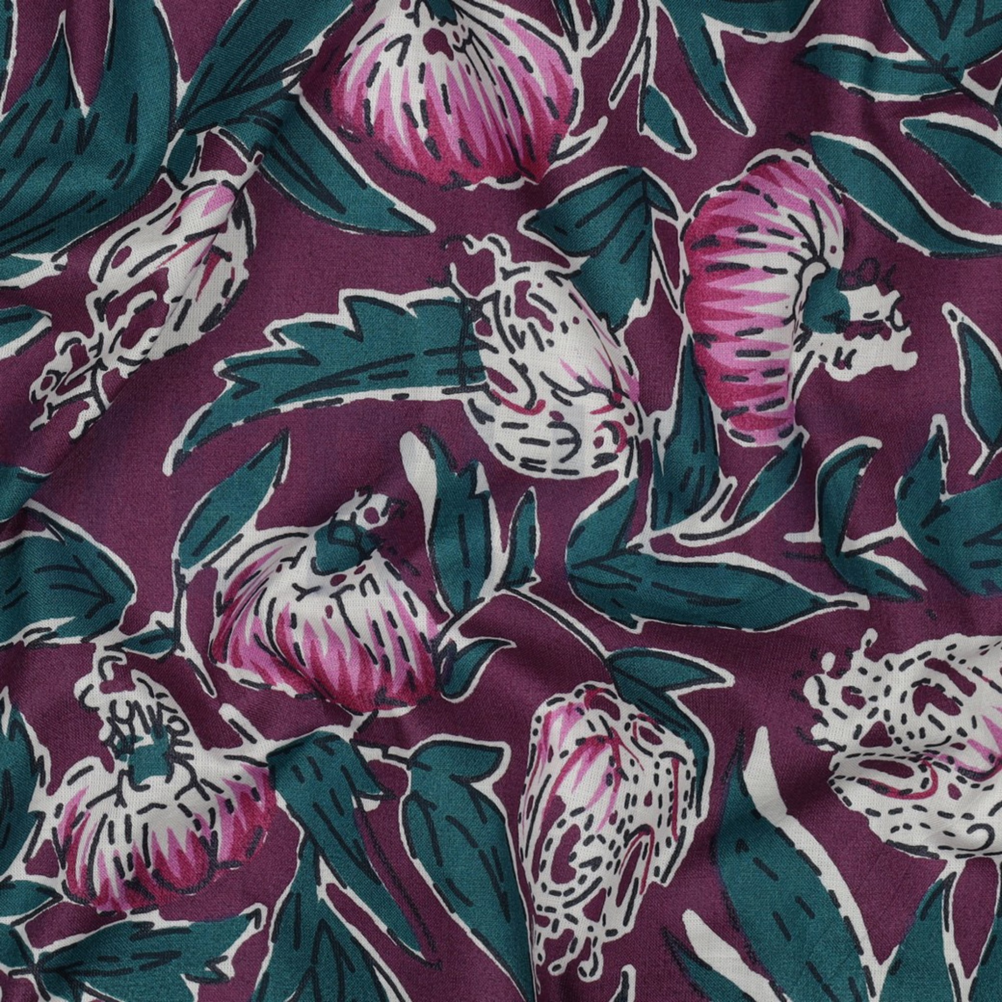 HANDGEMAAKTE BLOKPRINT KATOEN BLOEMEN AUBERGINE (high resolution) #2