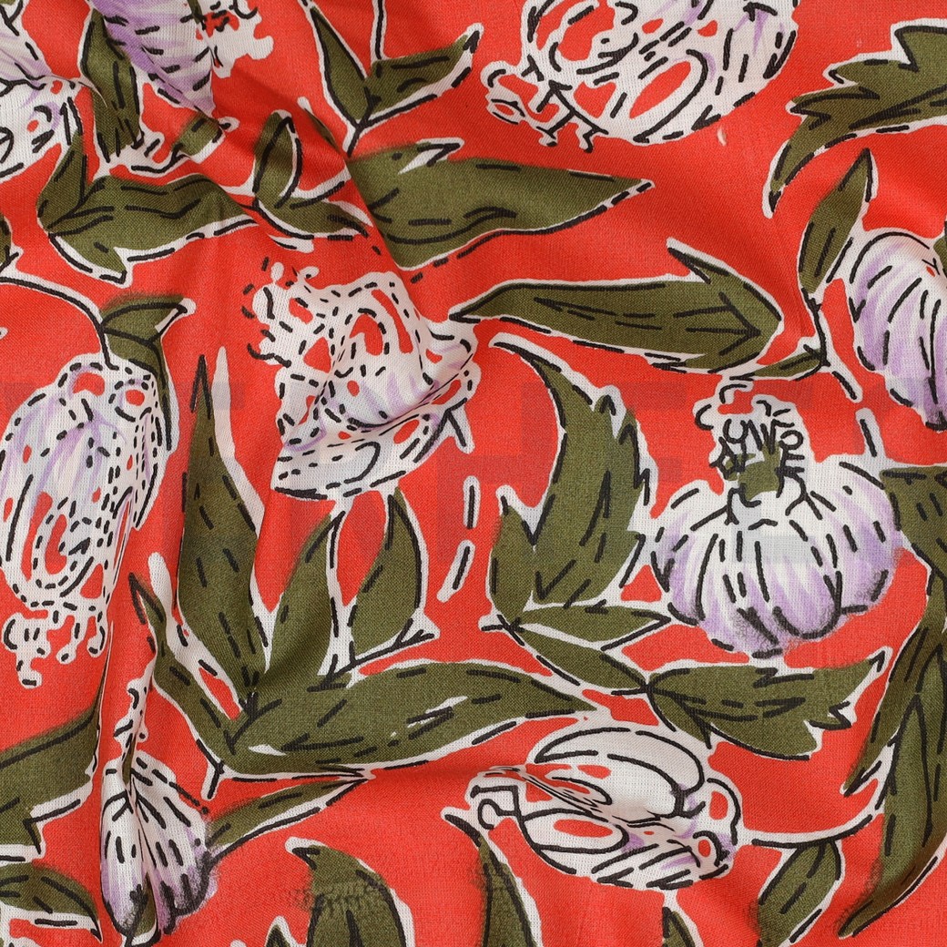 COTON IMPRIMÉ BLOCK FAIT MAIN FLEURS CORAIL #7