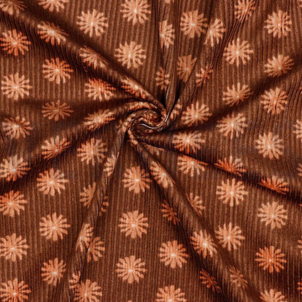 GEWASSEN RIBCORDUROY BLOEMEN LICHTBRUIN #7