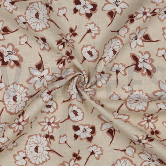 LINNEN GEWASSEN GROTE BLOEMEN LICHT ZAND #7