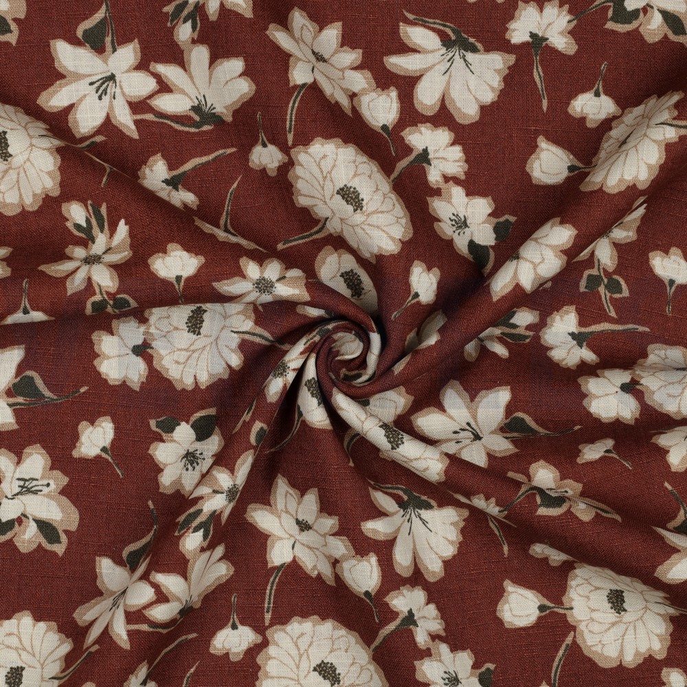 LINNEN GEWASSEN GROTE BLOEMEN ROOD/ROUGE #7