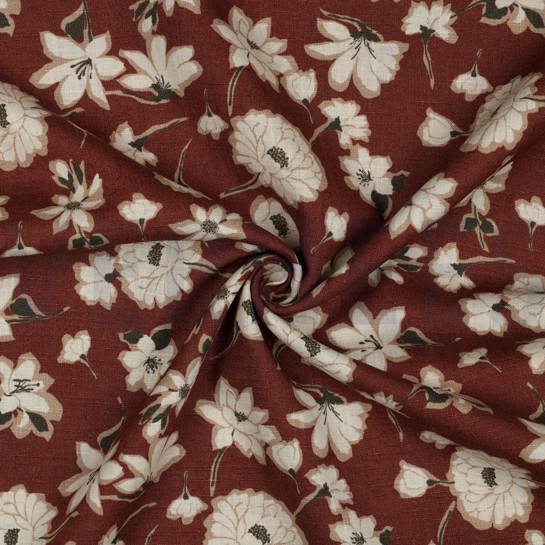 LINNEN GEWASSEN GROTE BLOEMEN ROOD/ROUGE #7