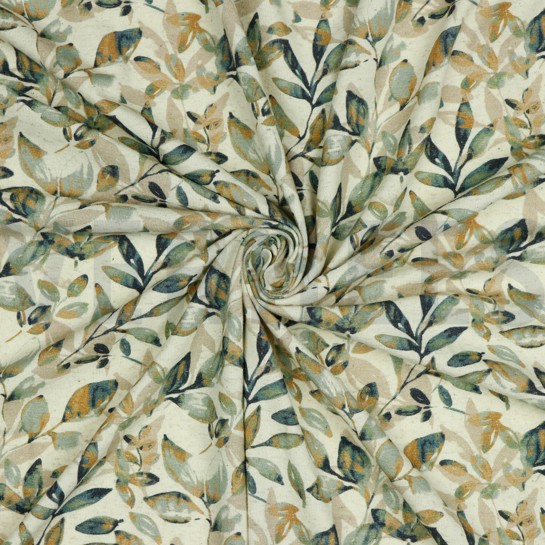 LINEN JERSEY DIGITAL LEAVES OLD GREEN/OCHRE #7