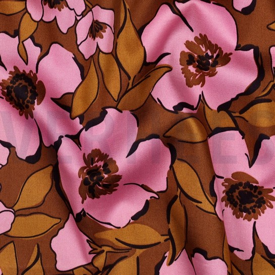 KATOEN SATIJN BLOEMEN KARAMEL #7