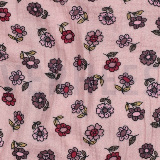 DOUBLE GAZE DE COTON FLEURS VIEUX ROSE #7