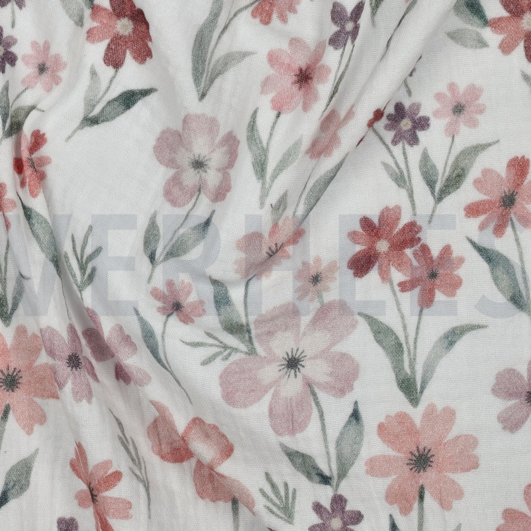 DOUBLE GAUZE DIGITAAL BLOEMEN WIT #7