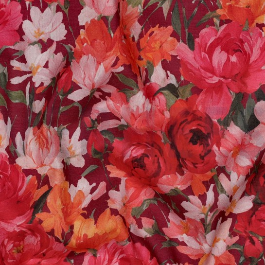BAUMWOLLE VOILE DIGITAL BLUMEN BORDEAUXROT #7