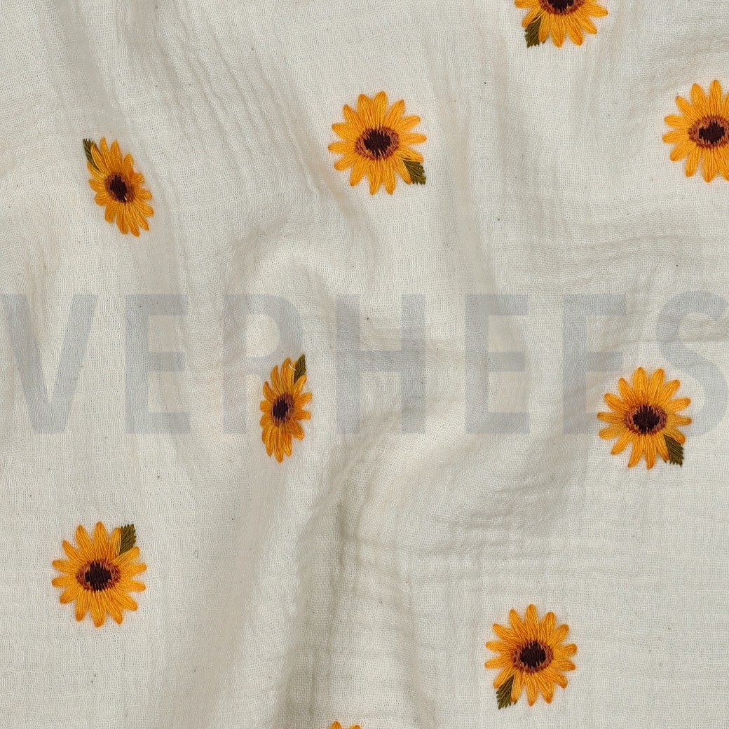 DOUBLE GAZE DE COTON BRODERIE TOURNESOLS NATUREL #7
