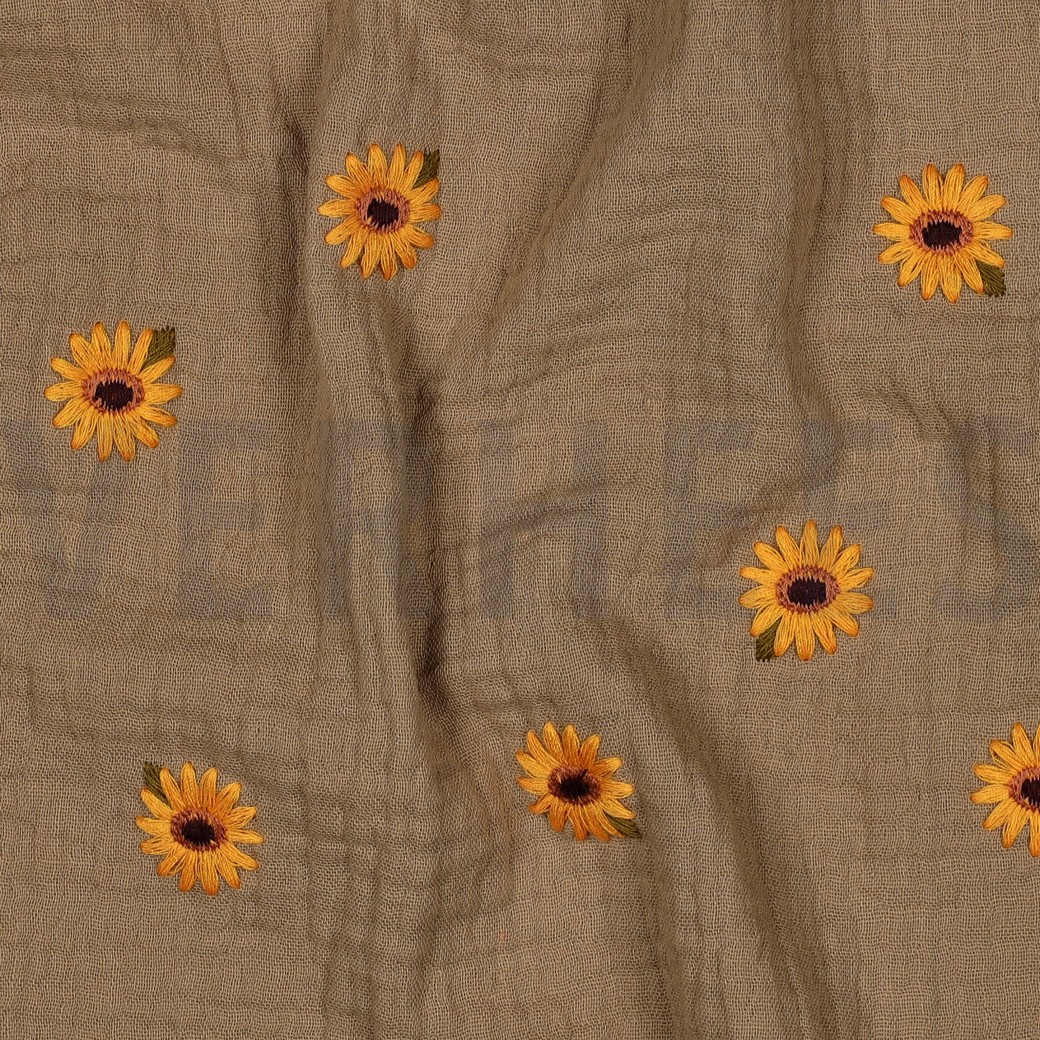 DOUBLE GAZE DE COTON BRODERIE TOURNESOLS BEIGE #7