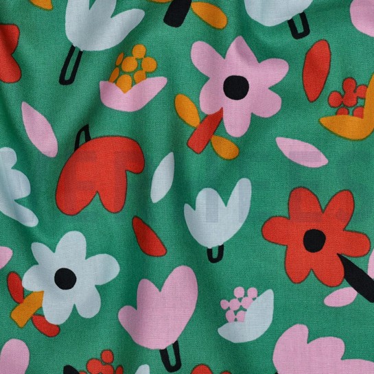 KATOENEN POPLIN GOTS BLOEMEN JENNIFER BOURON GROEN #7
