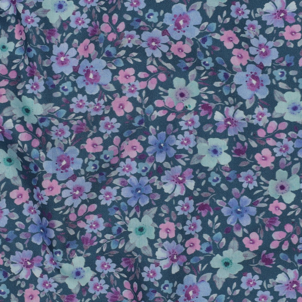 FINE POPLIN DIGITAL FLOWERS PETROL #7