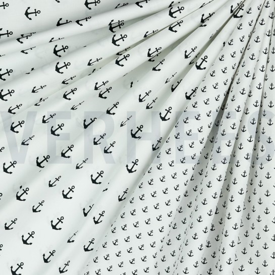 KATOENEN POPLIN KLEINE ANKERS WIT/ZWART #7