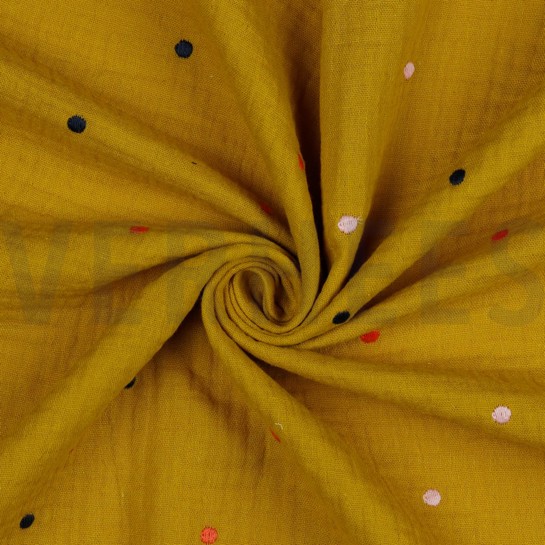 DOUBLE GAUZE EMBROIDERY DOTS OCHRE #7