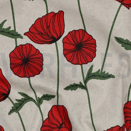 COATED CANVAS LINEN LOOK POPPY FLOWERS NATURAL #7