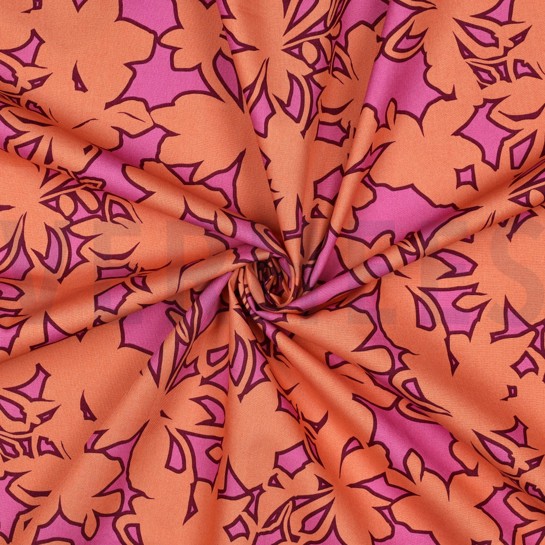 FEIN GEWEBTE BAUMWOLLPOPELINE BLUMEN ORANGE/ROSA #7
