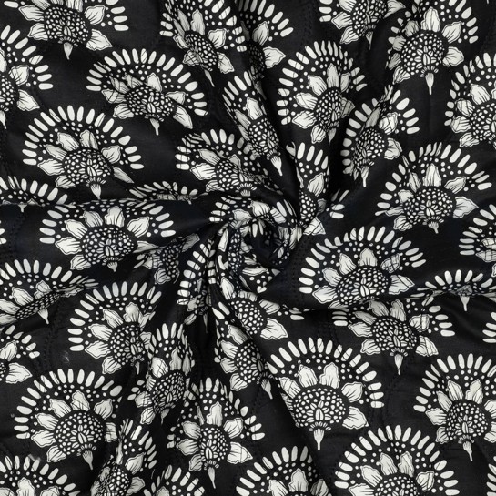 BAUMWOLLE VOILE GESTEPPT BLUMEN SCHWARZ #7