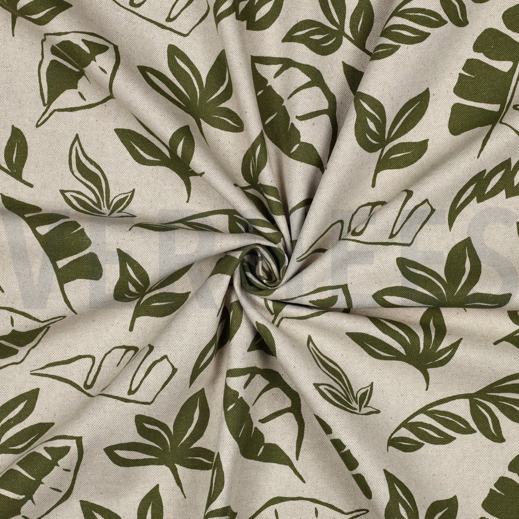 TOILE DÉCORATION LIN LOOK FEUILLES VERT ARMÉE #7