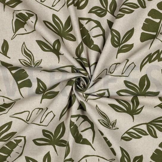 TOILE DÉCORATION LIN LOOK FEUILLES VERT ARMÉE #7
