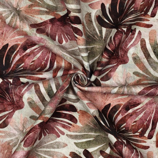 TOILE DÉCORATION SLUB DIGITAL FEUILLES BORDEAUX #7